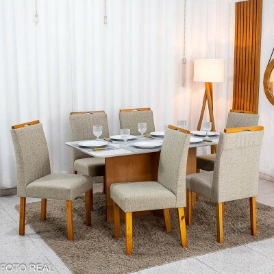 Mesa de Jantar Moscou 160x80 Vidro Off/Base Cinamomo + 6 Cad. Atlanta Linho Bege Cru Madeira Minas Plac - Entregue Montada