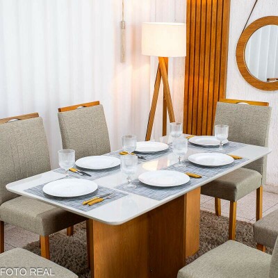 Mesa de Jantar Moscou 160x80 Vidro Off/Base Cinamomo + 6 Cad. Atlanta Linho Bege Cru Madeira Minas Plac - Entregue Montada