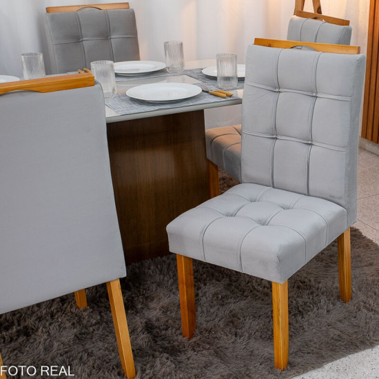 Mesa de Jantar Moscou 160x80 Vidro Off Base Cinamomo + 6 Cadeiras Londres Veludo Prata Minas Plac - Entregue Montada