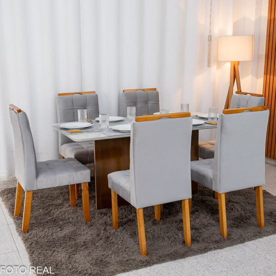 Mesa de Jantar Moscou 160x80 Vidro Off Base Cinamomo + 6 Cadeiras Londres Veludo Prata Minas Plac - Entregue Montada