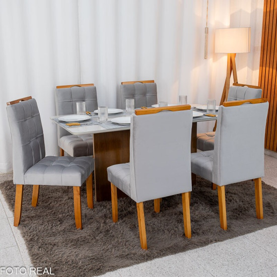 Mesa de Jantar Moscou 160x80 Vidro Off Base Cinamomo + 6 Cadeiras Londres Veludo Prata Minas Plac - Entregue Montada