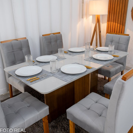 Mesa de Jantar Moscou 160x80 Vidro Off Base Cinamomo + 6 Cadeiras Londres Veludo Prata Minas Plac - Entregue Montada