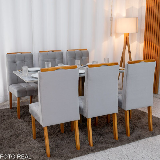 Mesa de Jantar Moscou 160x80 Vidro Off Base Cinamomo + 6 Cadeiras Londres Veludo Prata Minas Plac - Entregue Montada