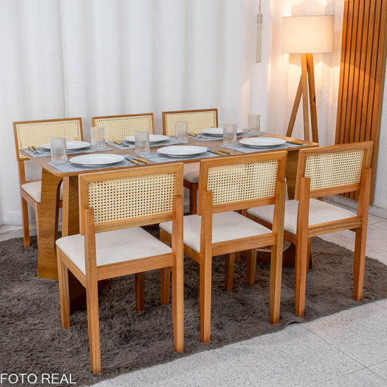 Mesa de Jantar Dubai 160x80 Tampo Londres Cinamomo Cel M�veis + 6 Cad. Santorini Linho Bege Madeira - Minas Plac