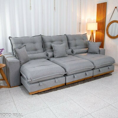 Sof� Retr�til Reclin�vel M�naco 3.20m Linho Cinza A59 - Molas Ensacadas