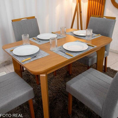 Mesa de Jantar Londrina 120x80 Cinamomo Rufato + 4 Cad. Isabela Linho Cinza 05 Madeira - KM Decor