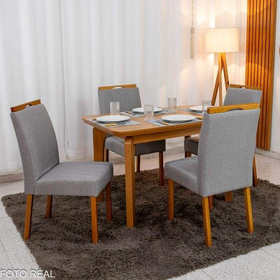 Mesa de Jantar Londrina 120x80 Cinamomo Rufato + 4 Cad. Isabela Linho Cinza 05 Madeira - KM Decor