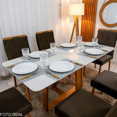 Mesa de Jantar Pedro 160x80 Vidro Off Base Madeira + 6 Cadeiras Lisboa Veludo Marrom 509 Art Assento - Entregue Montada