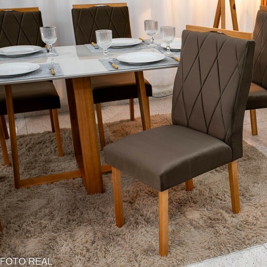 Mesa de Jantar Pedro 160x80 Vidro Off Base Madeira + 6 Cadeiras Lisboa Veludo Marrom 509 Art Assento - Entregue Montada