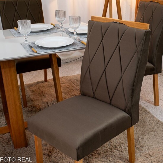 Mesa de Jantar Pedro 160x80 Vidro Off Base Madeira + 6 Cadeiras Lisboa Veludo Marrom 509 Art Assento - Entregue Montada