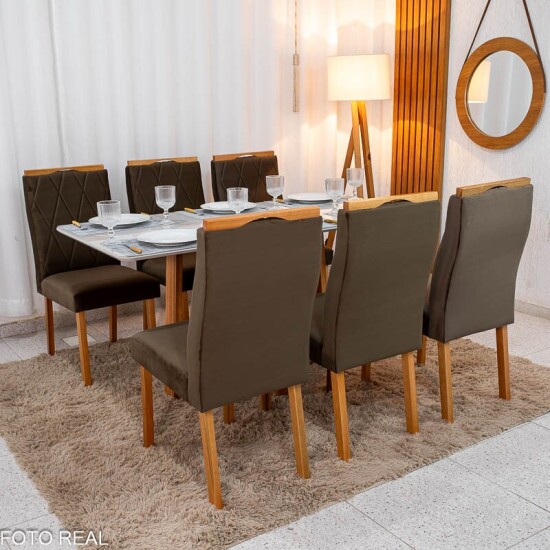 Mesa de Jantar Pedro 160x80 Vidro Off Base Madeira + 6 Cadeiras Lisboa Veludo Marrom 509 Art Assento - Entregue Montada