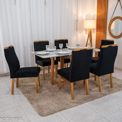 Mesa de Jantar Pedro 160x80 Vidro Off Base Madeira + 6 Cadeiras Lisboa Veludo Preto 504 Art Assento - Entregue Montada