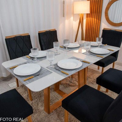 Mesa de Jantar Pedro 160x80 Vidro Off Base Madeira + 6 Cadeiras Lisboa Veludo Preto 504 Art Assento - Entregue Montada