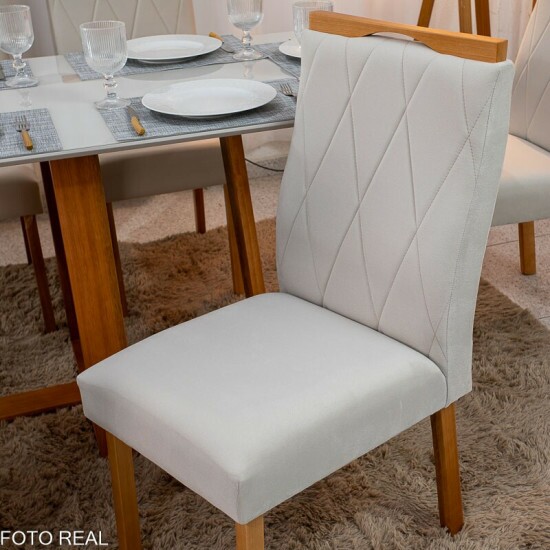 Mesa de Jantar Pedro 160x80 Vidro Off Base Madeira + 6 Cadeiras Lisboa Veludo Bege 512 Art Assento - Entregue Montada
