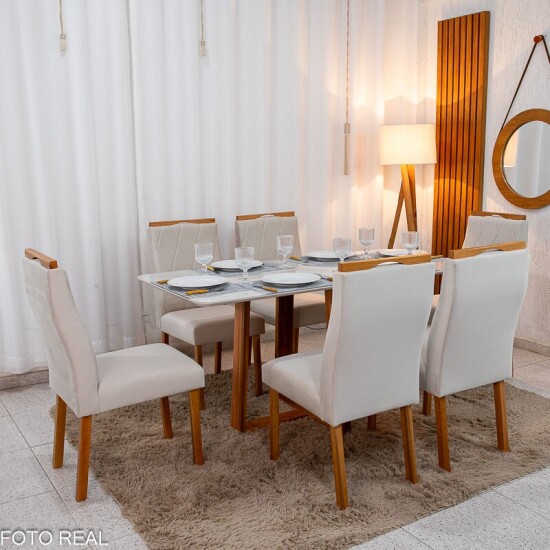 Mesa de Jantar Pedro 160x80 Vidro Off Base Madeira + 6 Cadeiras Lisboa Veludo Bege 512 Art Assento - Entregue Montada