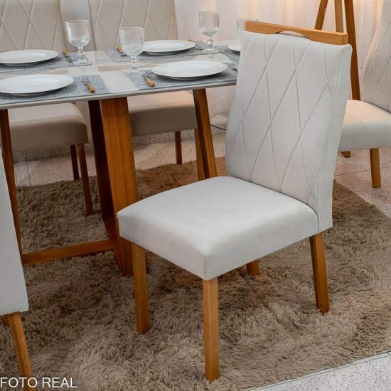 Mesa de Jantar Pedro 160x80 Vidro Off Base Madeira + 6 Cadeiras Lisboa Veludo Bege 512 Art Assento - Entregue Montada