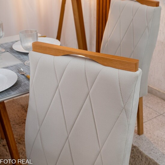 Mesa de Jantar Pedro 160x80 Vidro Off Base Madeira + 6 Cadeiras Lisboa Veludo Bege 512 Art Assento - Entregue Montada