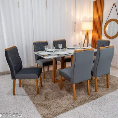 Mesa de Jantar Pedro 160x80 Vidro Off Base Madeira + 6 Cadeiras Lisboa Veludo Cinza 507 Art Assento - Entregue Montada