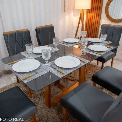 Mesa de Jantar Pedro 160�80 Vidro Grafite/Base Madeira + 6 Cad. Lisboa Veludo Cinza 507 Madeira Art Assento - Entregue Montada