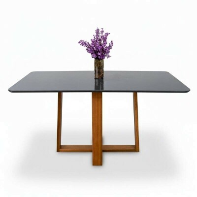 Mesa de Jantar Pedro 160x80 Vidro Grafite/Base Madeira Art Assento - Entregue Montada