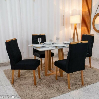 Mesa de Jantar Pedro 120�80 Vidro Off/Base Madeira + 4 Cad. Lisboa Veludo Preto 504 Madeira Art Assento - Entregue Montada