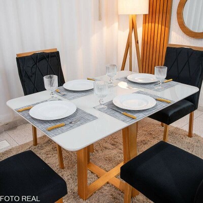 Mesa de Jantar Pedro 120�80 Vidro Off/Base Madeira + 4 Cad. Lisboa Veludo Preto 504 Madeira Art Assento - Entregue Montada
