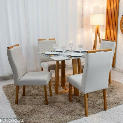Mesa de Jantar Pedro 90x90 Vidro Off/Base Madeira + 4 Cad. Lisboa Veludo Bege 512 Madeira Art Assento - Entregue Montada