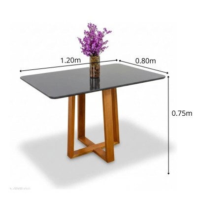 Mesa de Jantar Pedro 120x80 Vidro Grafite/Base Madeira Art Assento - Entregue Montada