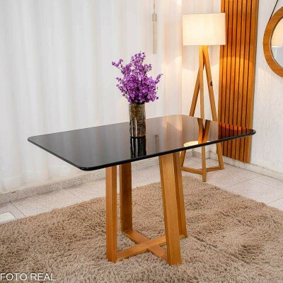 Mesa de Jantar Pedro 120x80 Vidro Preto/Base Madeira Art Assento - Entregue Montada