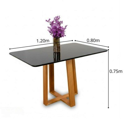Mesa de Jantar Pedro 120x80 Vidro Preto/Base Madeira Art Assento - Entregue Montada