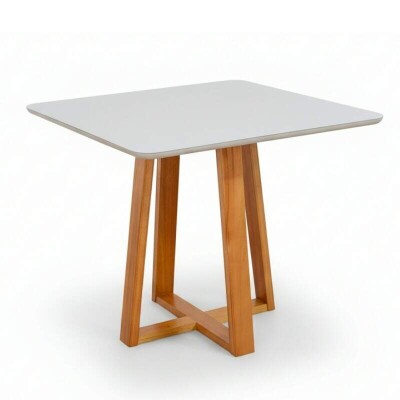 Mesa de Jantar Bali 90x90 Vidro Off/Base Madeira Minas Plac - Entregue Montada