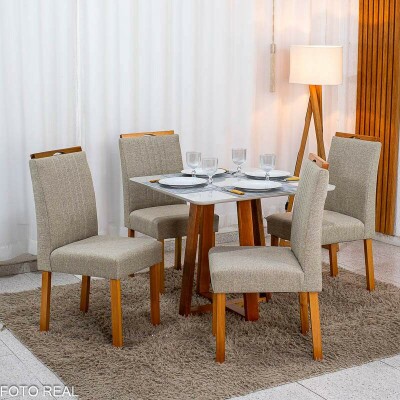 Mesa de Jantar Bali 90�90 Vidro Off/Base Madeira + 4 Cad. Atlanta Linho Bege Cru Madeira Minas Plac - Entregue Montada