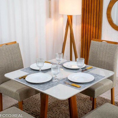 Mesa de Jantar Bali 90�90 Vidro Off/Base Madeira + 4 Cad. Atlanta Linho Bege Cru Madeira Minas Plac - Entregue Montada