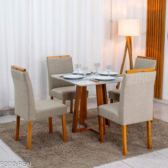 Mesa de Jantar Bali 90x90 Vidro Off Base Madeira + 4 Cadeiras Atlanta Linho Bege Cru Minas Plac - Entregue Montada