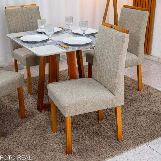 Mesa de Jantar Bali 90x90 Vidro Off Base Madeira + 4 Cadeiras Atlanta Linho Bege Cru Minas Plac - Entregue Montada