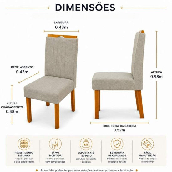 Mesa de Jantar Bali 90x90 Vidro Off Base Madeira + 4 Cadeiras Atlanta Linho Bege Cru Minas Plac - Entregue Montada
