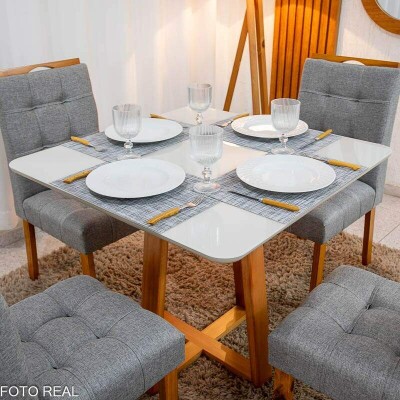 Mesa de Jantar Bali 90�90 Vidro Off/Base Madeira + 4 Cad. Londres Linho Cinza Madeira Minas Plac - Entregue Montada