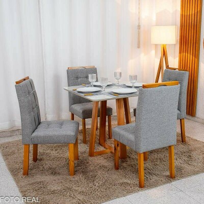 Mesa de Jantar Bali 90�90 Vidro Off/Base Madeira + 4 Cad. Londres Linho Cinza Madeira Minas Plac - Entregue Montada