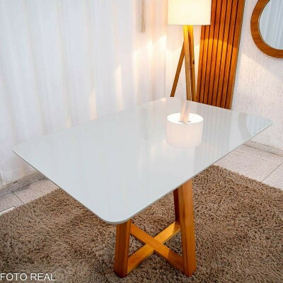 Base Mesa de Jantar Bali 120x80 Vidro Off Base Madeira Minas Plac - Entregue Montada