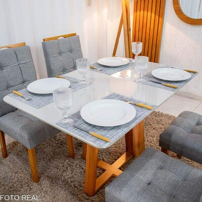 Mesa de Jantar Bali 120�80 Vidro Off/Base Madeira + 4 Cad. Londres Linho Cinza Madeira Minas Plac - Entregue Montada