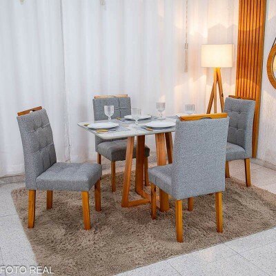 Mesa de Jantar Bali 120�80 Vidro Off/Base Madeira + 4 Cad. Londres Linho Cinza Madeira Minas Plac - Entregue Montada