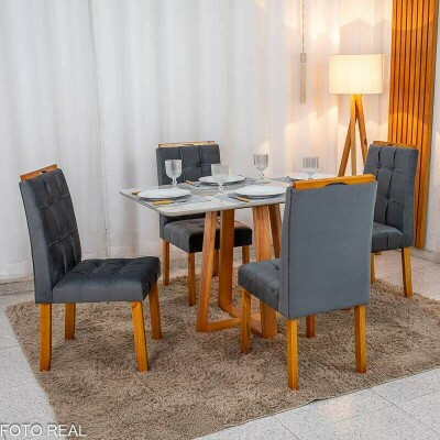 Mesa de Jantar Bali 120�80 Vidro Off/Base Madeira + 4 Cad. Londres Veludo Chumbo Madeira Minas Plac - Entregue Montada