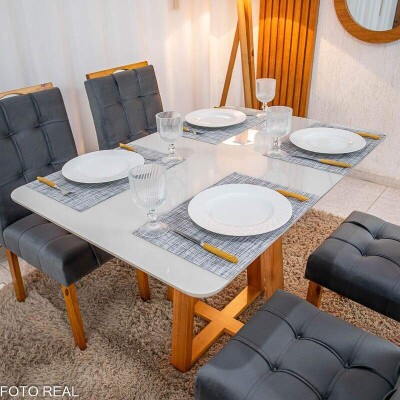 Mesa de Jantar Bali 120�80 Vidro Off/Base Madeira + 4 Cad. Londres Veludo Chumbo Madeira Minas Plac - Entregue Montada
