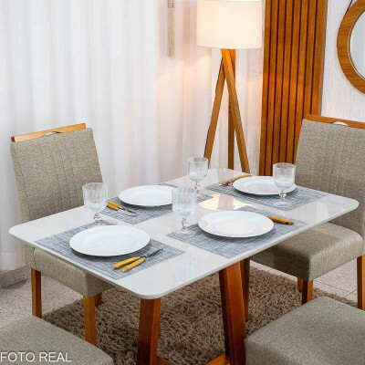 Mesa de Jantar Bali 120�80 Vidro Off/Base Madeira + 4 Cad. Atlanta Linho Bege Cru Madeira Minas Plac - Entregue Montada