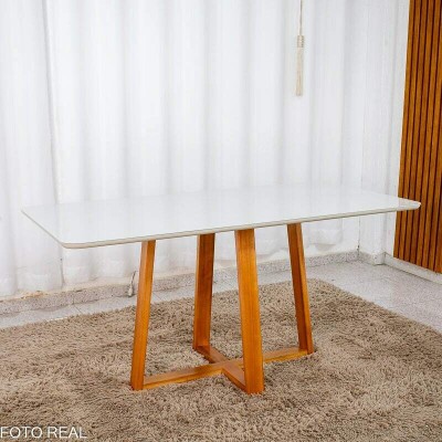 Mesa de Jantar Bali 160x80 Vidro Off/Base Madeira Minas Plac - Entregue Montada