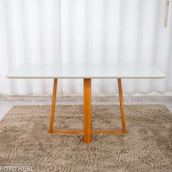 Mesa de Jantar Bali 160x80 Vidro Off Base Madeira + 6 Cadeiras Londres Linho Cinza Minas Plac - Entregue Montada
