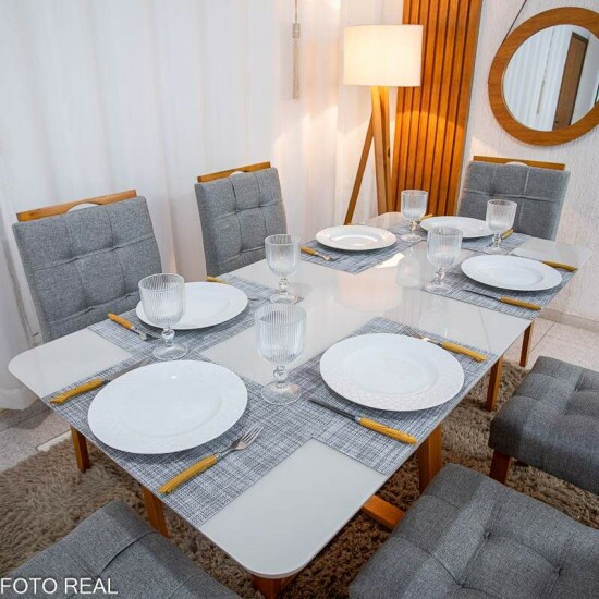 Mesa de Jantar Bali 160x80 Vidro Off Base Madeira + 6 Cadeiras Londres Linho Cinza Minas Plac - Entregue Montada