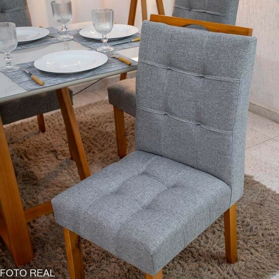 Mesa de Jantar Bali 160x80 Vidro Off Base Madeira + 6 Cadeiras Londres Linho Cinza Minas Plac - Entregue Montada