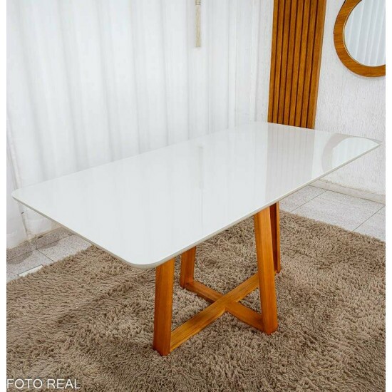 Mesa de Jantar Bali 160x80 Vidro Off Base Madeira + 6 Cadeiras Londres Linho Cinza Minas Plac - Entregue Montada