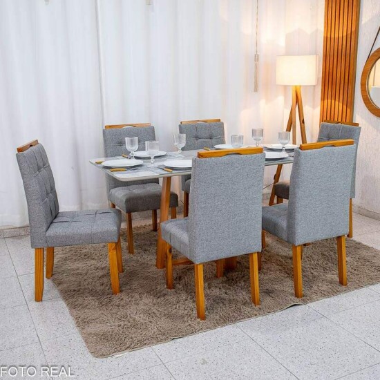 Mesa de Jantar Bali 160x80 Vidro Off Base Madeira + 6 Cadeiras Londres Linho Cinza Minas Plac - Entregue Montada